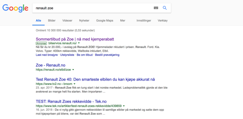 annonsering på google - google søk med resultater for renault zoe