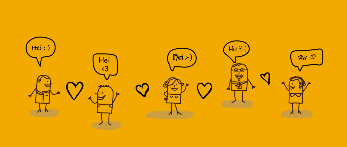 En tegning av fem personer som sier hei til hverandre i forskjellige fonter